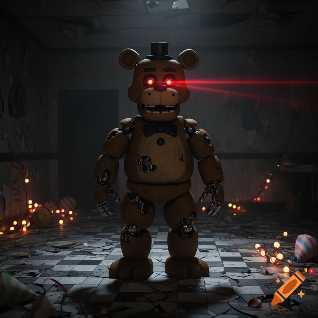 A scary Freddy Fazbear animatronic with red laser eyes stands in a dark, abandoned party room.