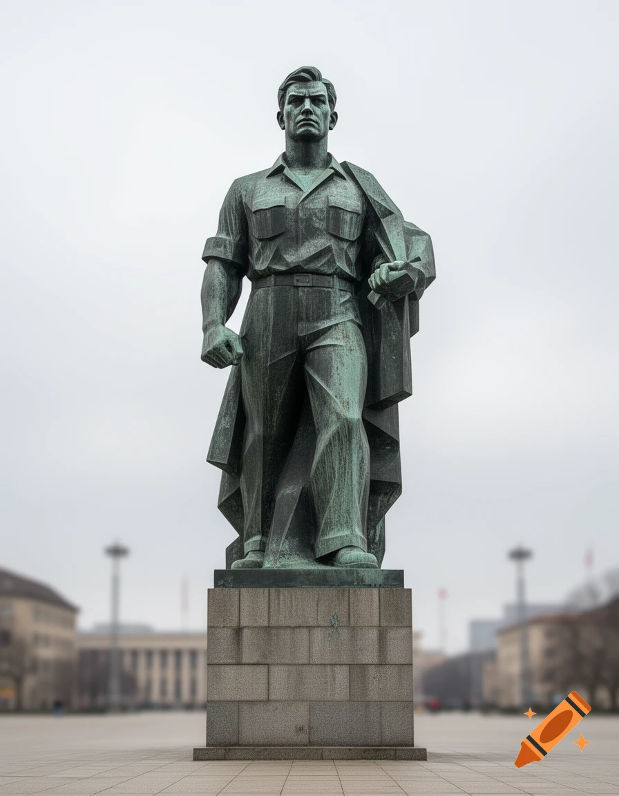 A monumental, stern-faced bronze statue of a revolutionary worker stands on a stone pedestal under an overcast sky.