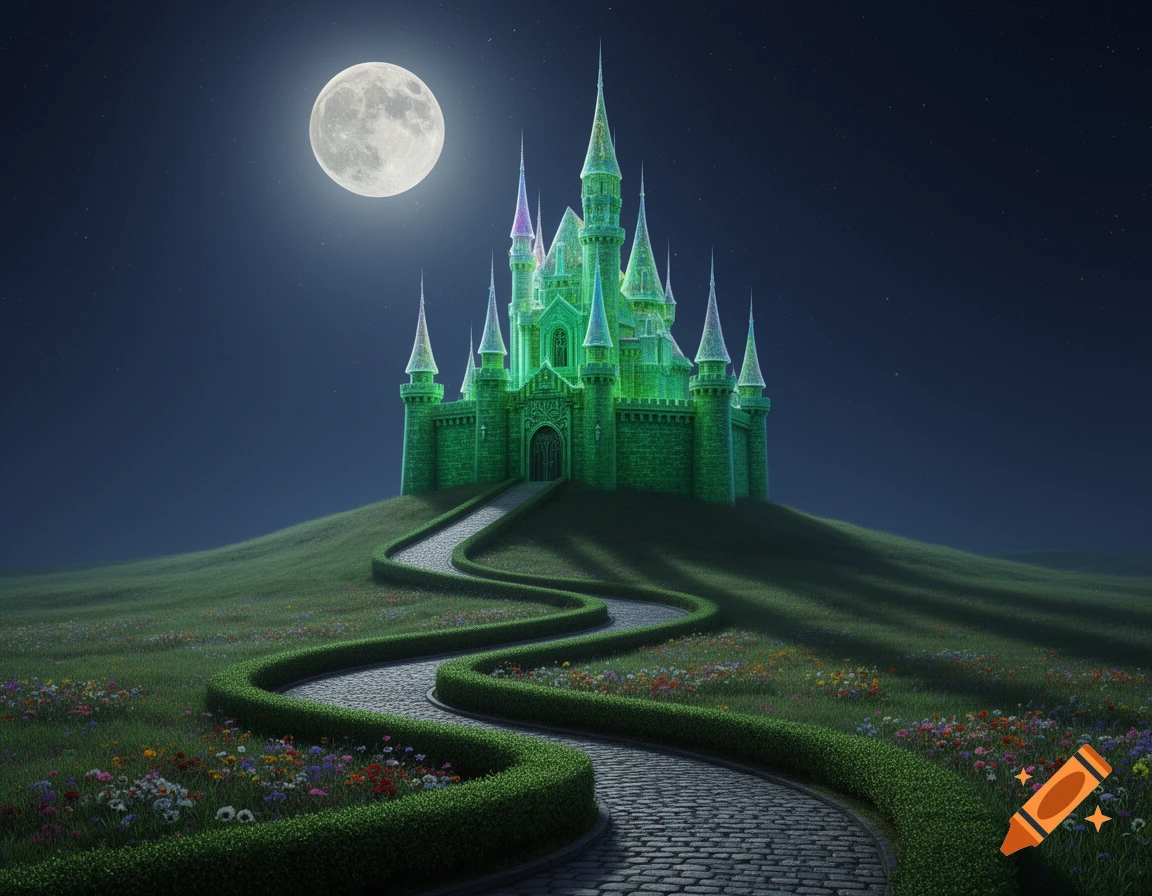 A vibrant emerald green castle on a hill under a full moon, with a winding cobblestone path bordered by hedges and wildflowers.