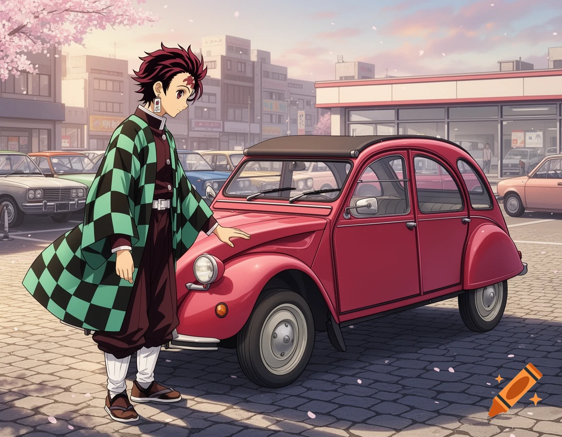 Anime character Tanjiro Kamado stands next to a red Citroen 2CV on a cobblestone street, cherry blossoms falling.