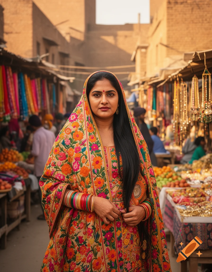Photorealistic portrait of a Punjabi woman in vibrant embroidered traditional attire and bangles, standing in a bustling market.