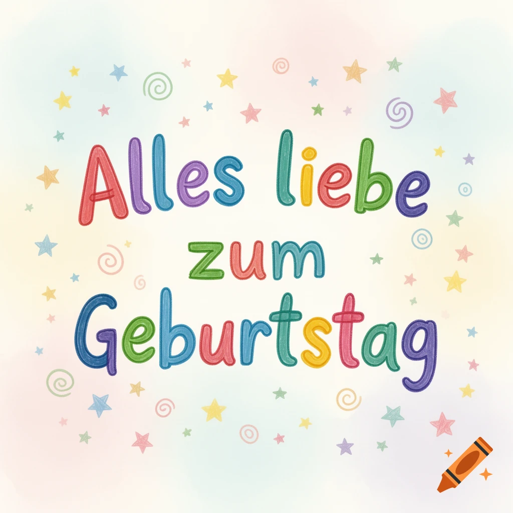 Colorful, child-like handwritten text 'Alles liebe zum Geburtstag' (Happy Birthday) on a pastel background with stars and swirls.