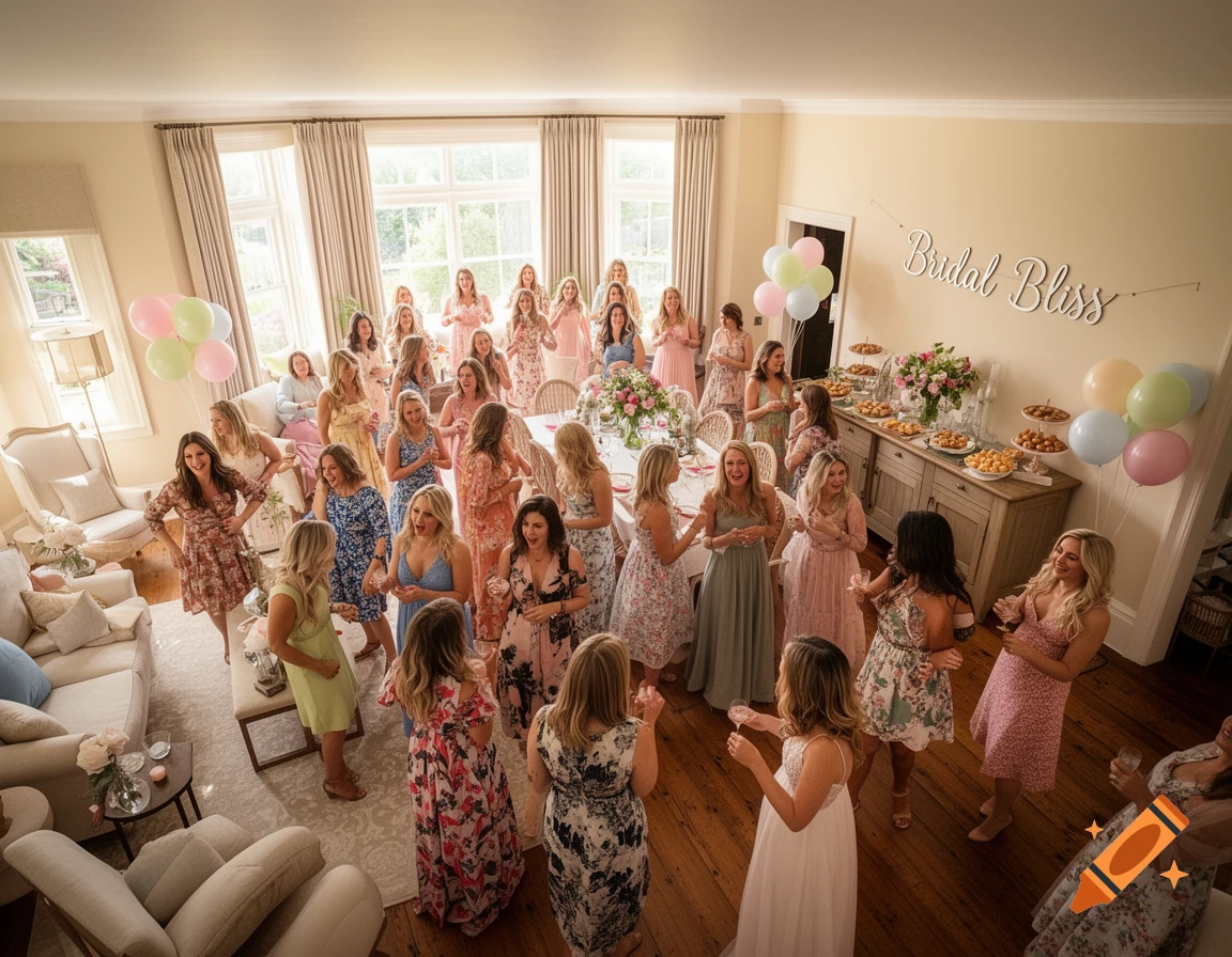 A photorealistic image of many women dressed in dresses gathered in a large room for a bridal shower.