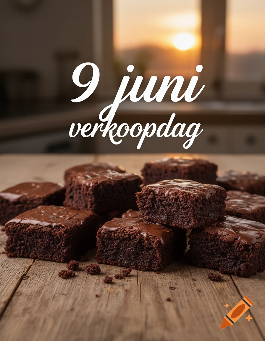 Chocolate brownies with frosting on a wooden table, with '9 juni verkoopdag' text overlay. Blurred sunset background.