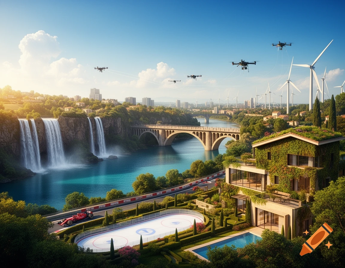 A vibrant cityscape features majestic waterfalls, a grand bridge, an F1 track with a red car, an ice rink, and a modern green villa with a pool, set against a backdrop of wind turbines and a sunny sky with drones.