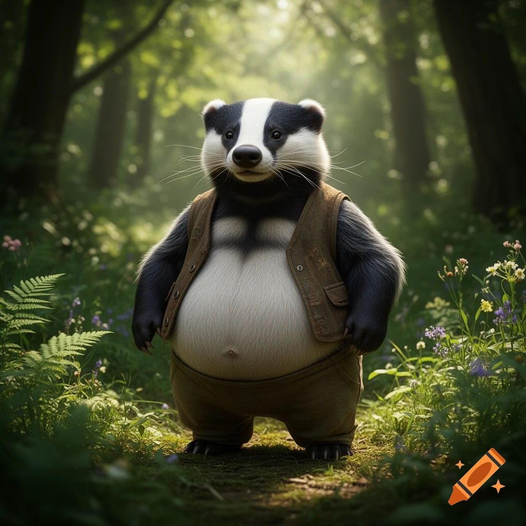 An anthropomorphic badger wearing a brown vest and pants stands in a sunlit forest.