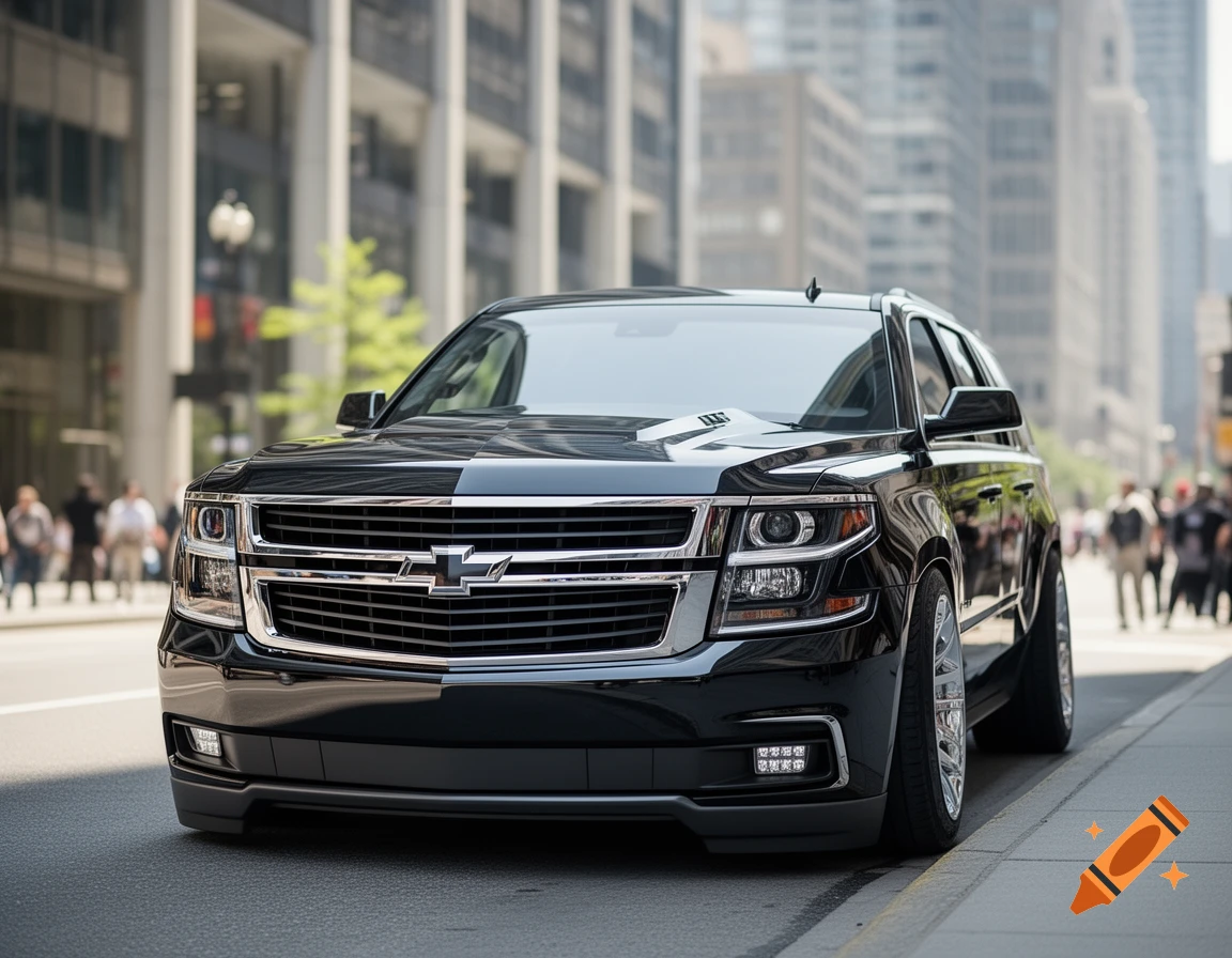 A shiny black Chevy Tahoe SUV is parked on a city street, with buildings and blurred people in the background. Photorealistic style.
