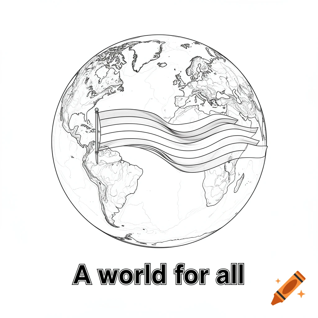 Black and white outline drawing of Earth with a striped flag and the text "A world for all" below it.