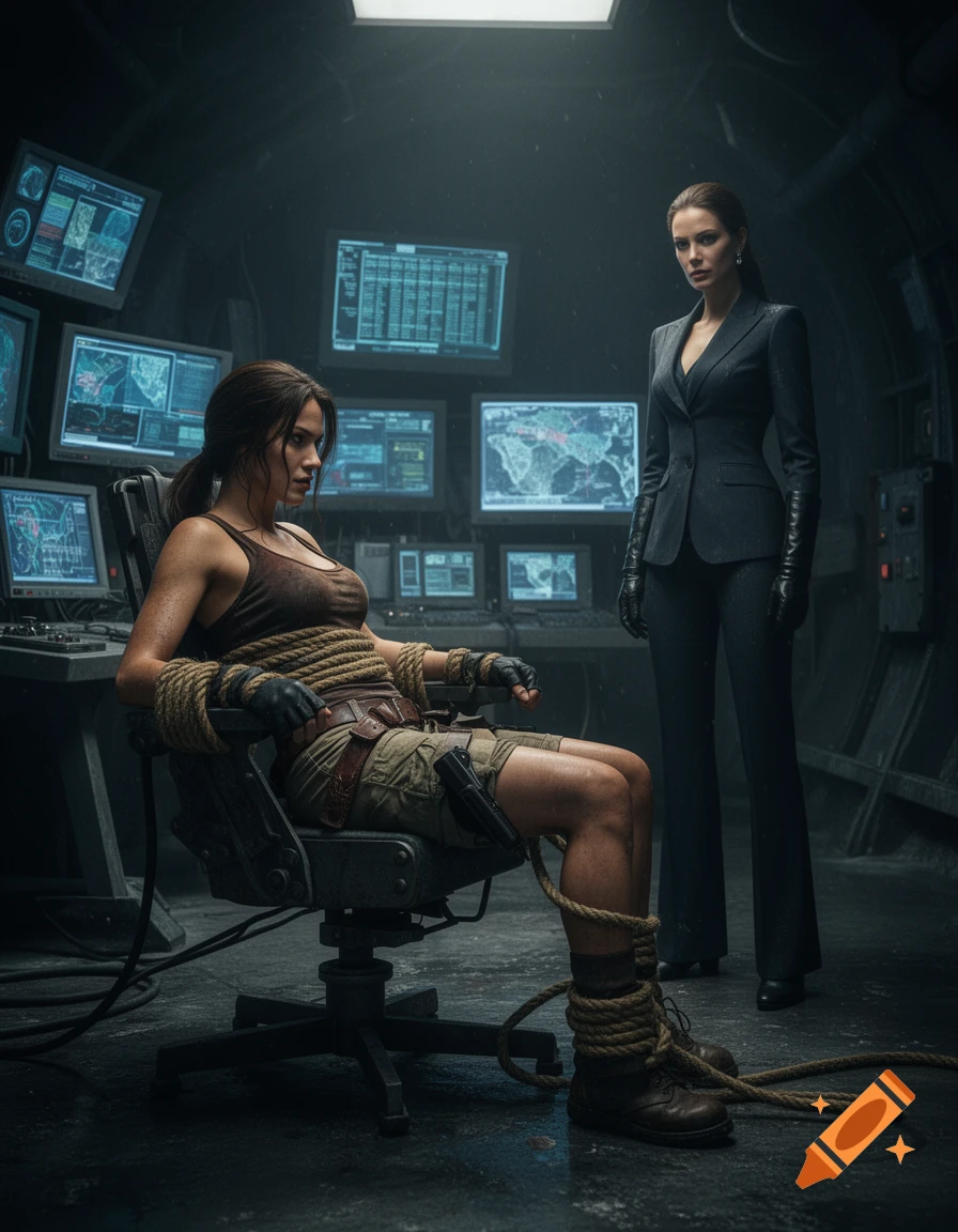 Lara Croft, bound to a chair with rope, looks away as a woman in a suit stands over her in a dark control room.