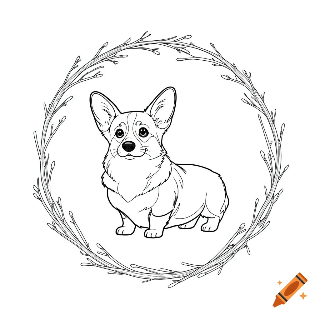 A cute line drawing of a corgi standing inside a circular wreath of thin branches with small buds.