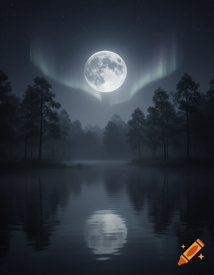 A full moon shines brightly over a dark forest and a calm lake, with aurora borealis visible in the night sky and reflections on the water.