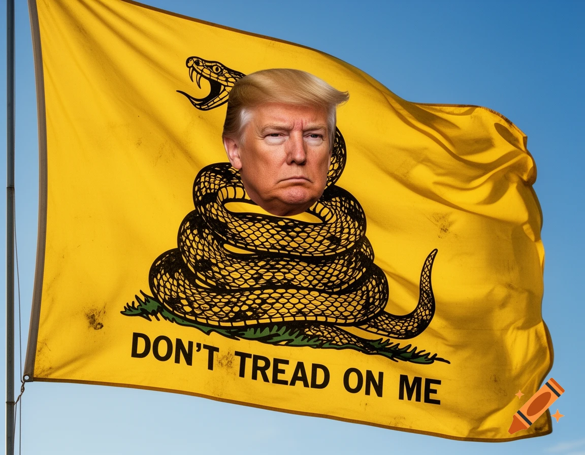 A yellow Gadsden flag with a coiled rattlesnake and Donald Trump's head replacing the snake's head. The flag reads 'DON'T TREAD ON ME' against a blue sky.