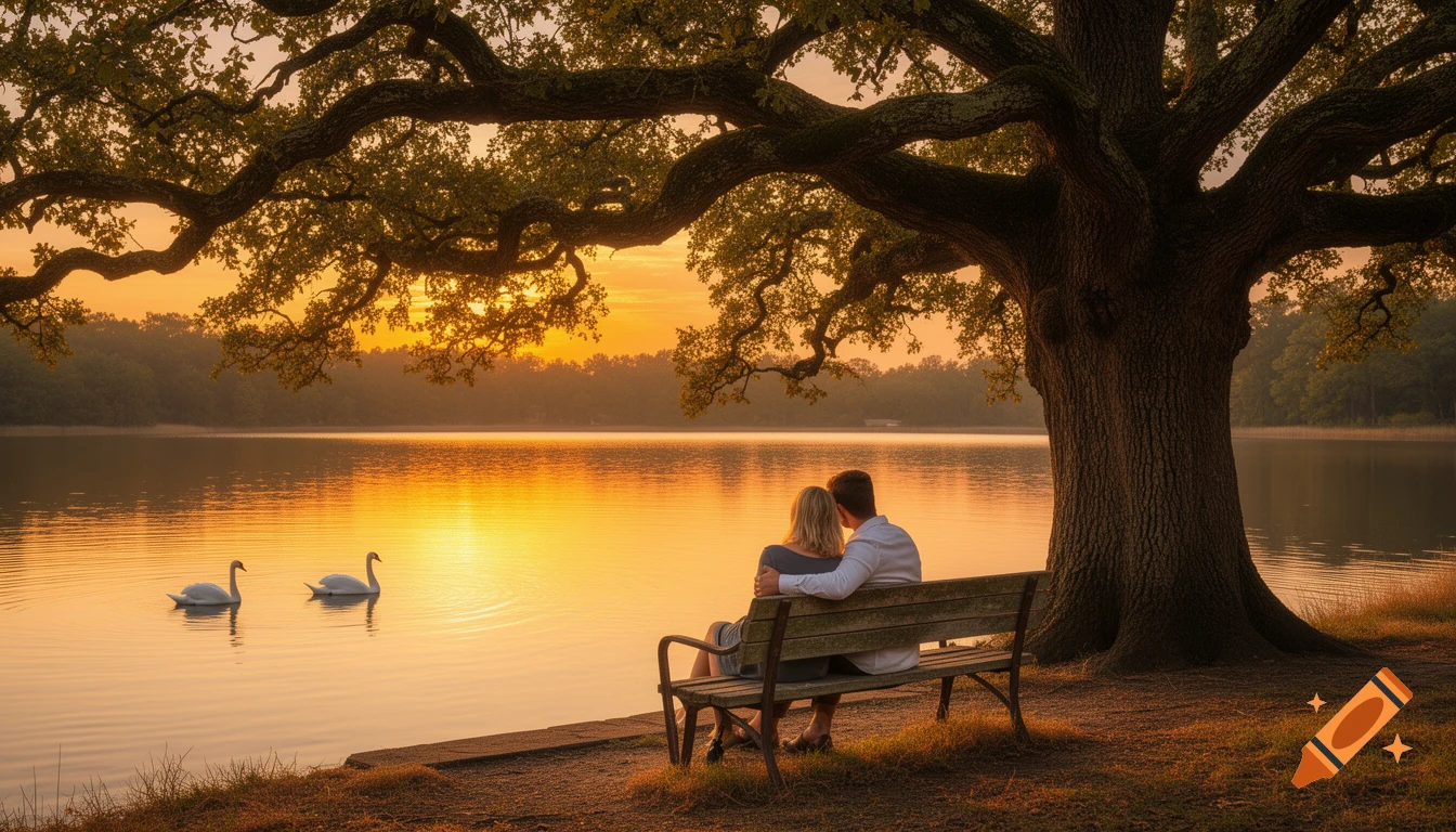 A photorealistic image of a couple on a bench by a lake at sunset, with swans and an ancient oak tree.