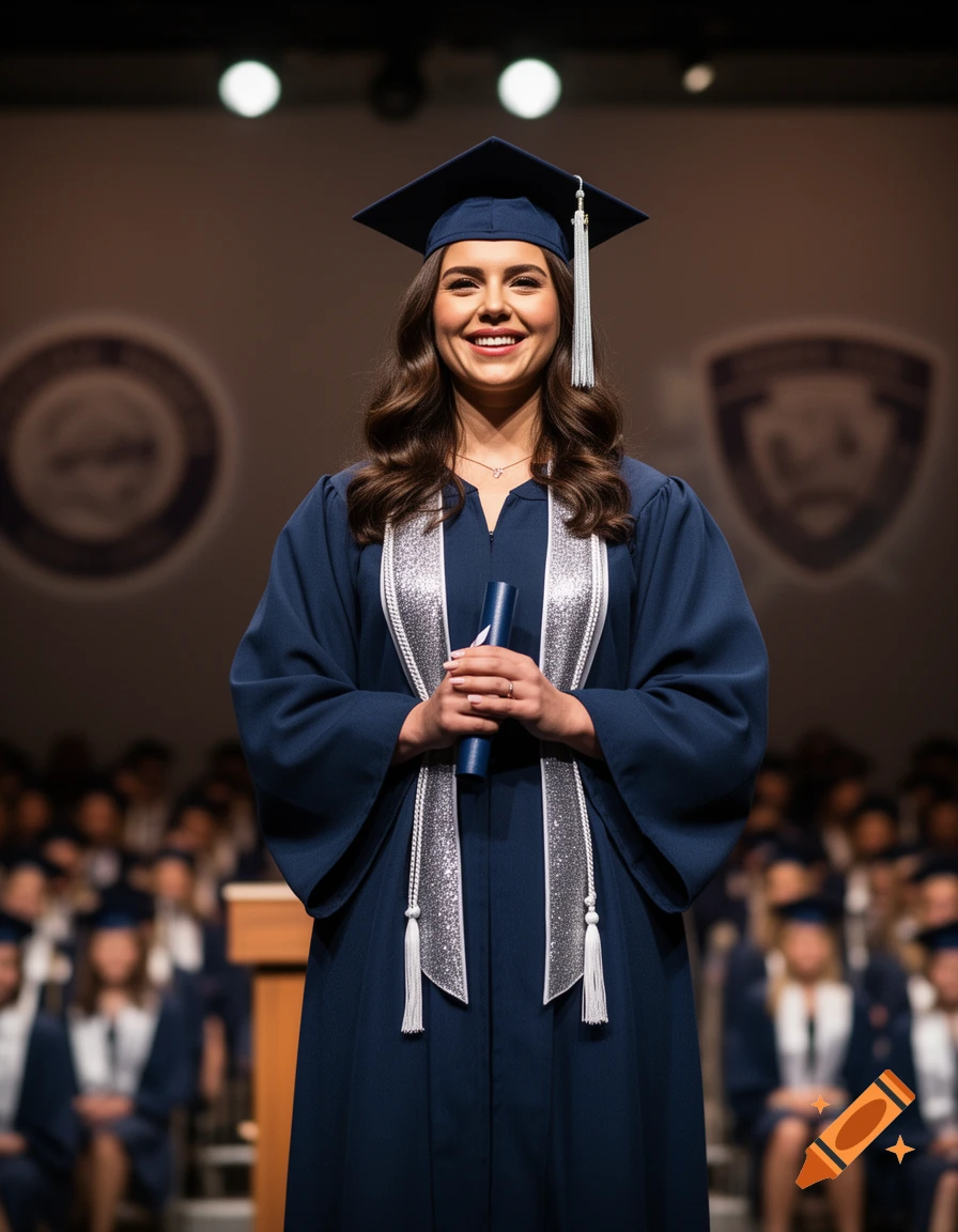 Smiling brunette female graduate in navy blue gown with silver stole, holding a diploma on a stage.