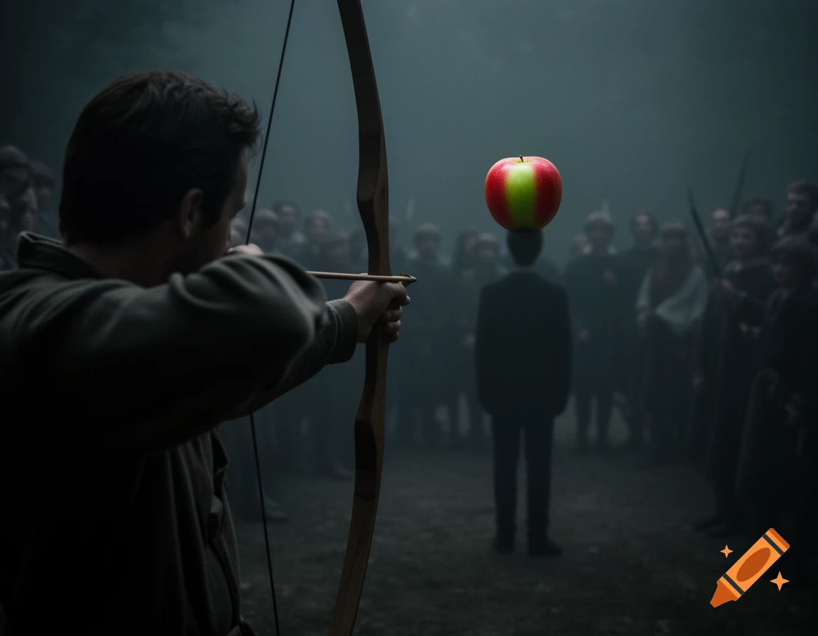 A dark, dramatic image of an archer aiming an arrow at a vibrant apple balanced on the head of a shadowy figure in the distance, surrounded by blurred onlookers.