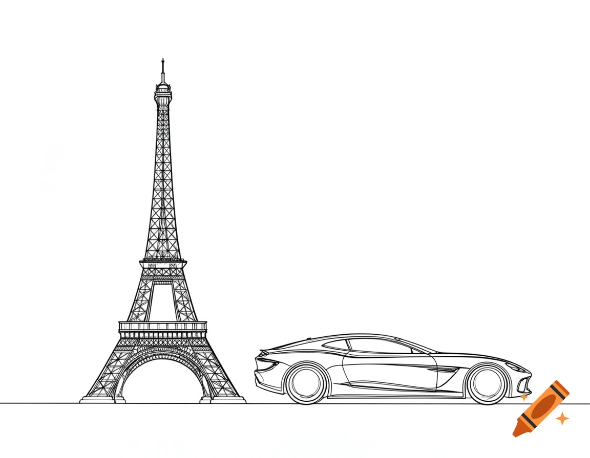 Line art of the Eiffel Tower and a sports car on a white background.