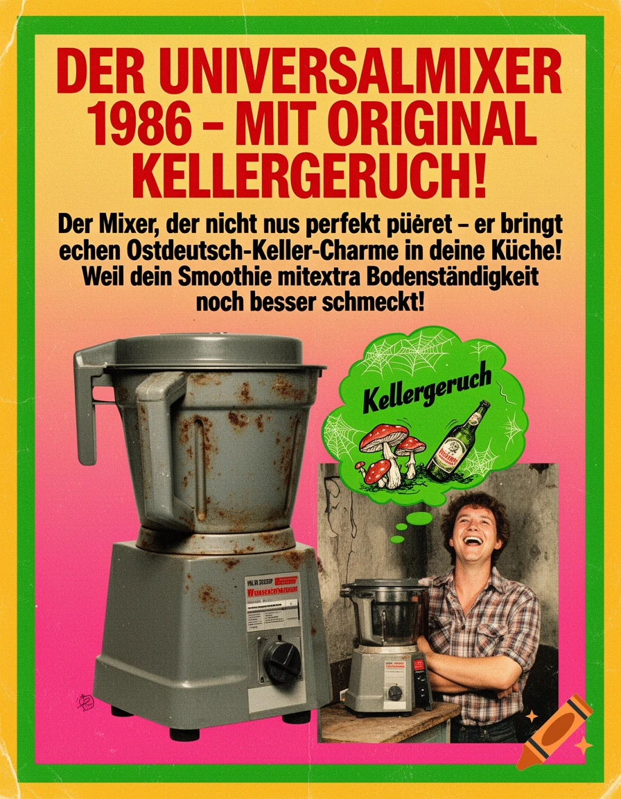 A retro-style 1986 German advertisement poster for a "Universal Mixer with Original Cellar Smell." It features a rusty grey mixer, a laughing man, and a thought bubble with mushrooms, spiderwebs, and a beer bottle. The poster has bold red text on a yellow and pink background.