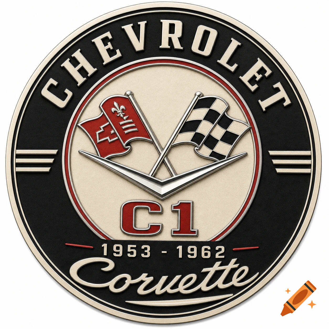 A detailed, 3D rendering of the circular Chevrolet Corvette C1 logo with crossed flags, text "CHEVROLET", "C1", "1953 - 1962", and cursive "Corvette".