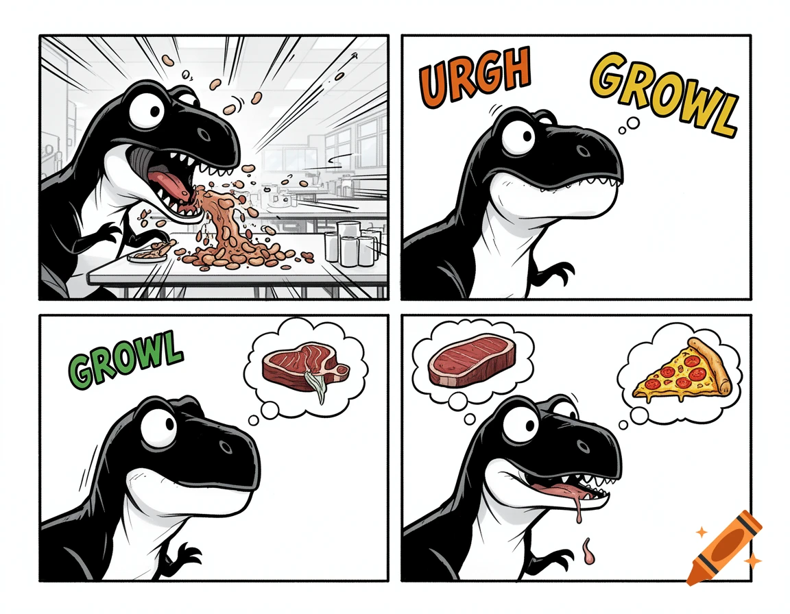 Four-panel comic of a black and white cartoon dinosaur vomiting beans, then thinking "URGH GROWL", and finally drooling over thoughts of steak and pizza.