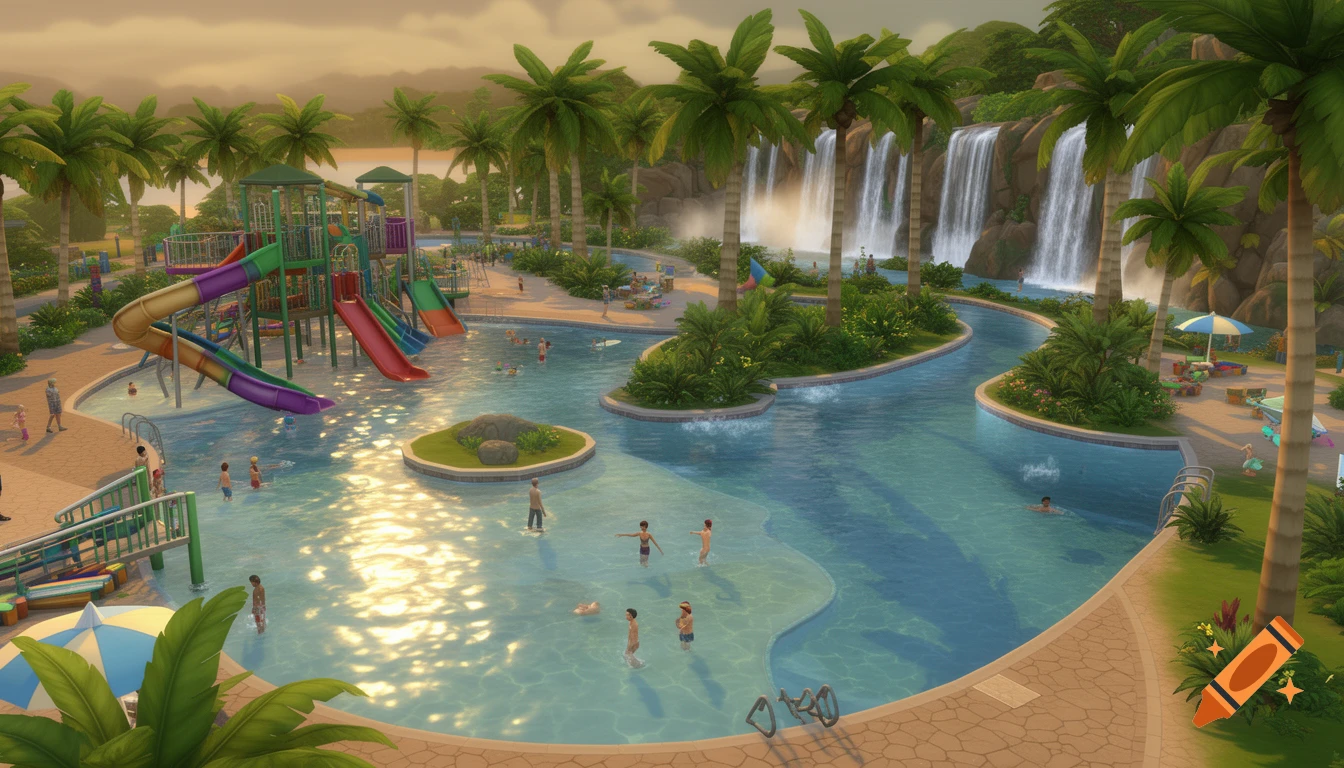 A vibrant Sims 4 style water park with multiple pools, water slides, a jungle gym, a lazy river, and waterfalls, surrounded by palm trees.