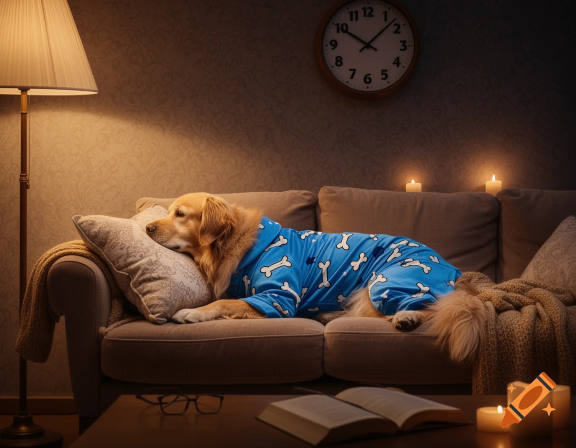 A golden retriever dog in blue pajamas with bone patterns sleeps on a sofa in a dimly lit, cozy living room.