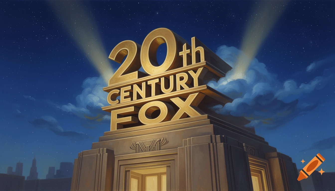 The iconic golden 20th Century Fox logo with searchlights on a dark, starry night sky with clouds.