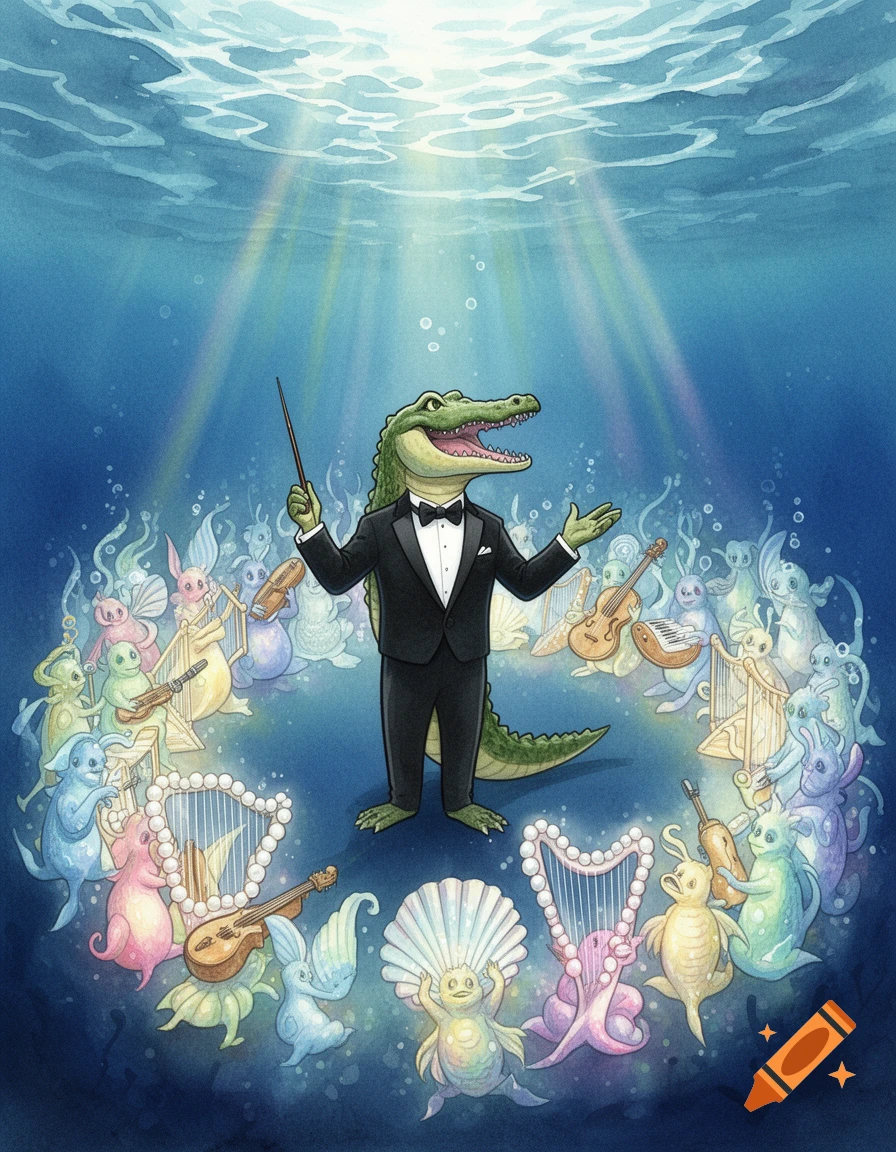 An alligator in a tuxedo conducts an underwater orchestra of glowing, colorful sea creatures playing various instruments, with light rays filtering from the surface, in a whimsical illustration style.