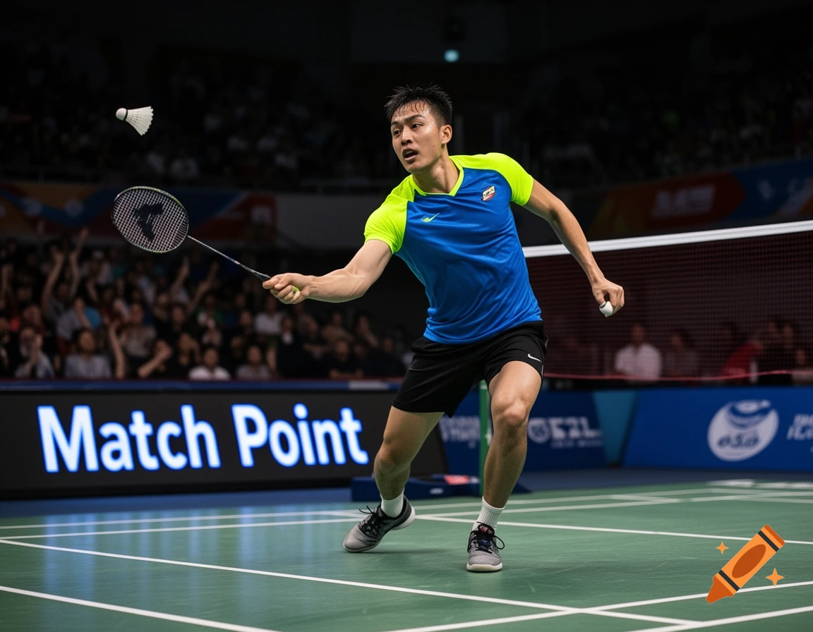 A male badminton player in blue and yellow lunges on a green court, racket poised, with a shuttlecock mid-air and 'Match Point' on a screen.