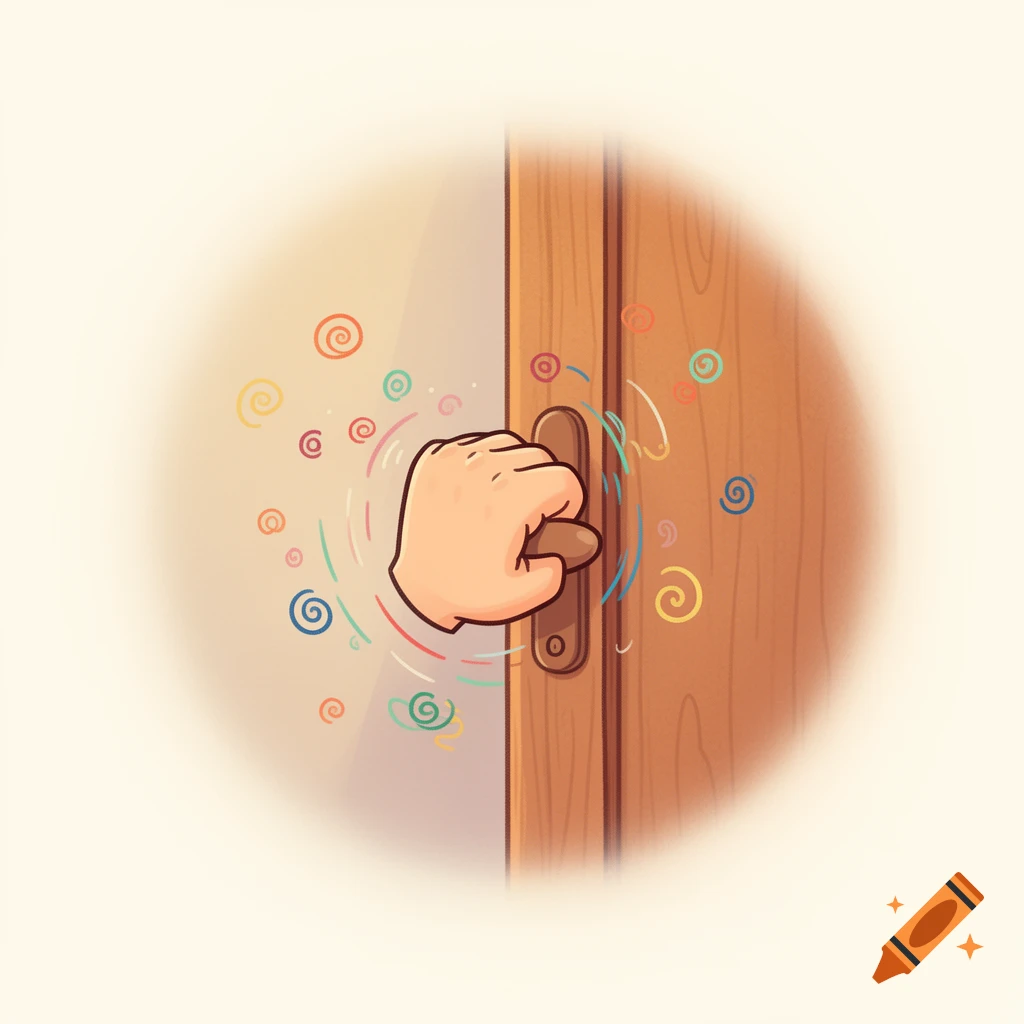 A cartoon hand knocks on a wooden door, surrounded by colorful swirls indicating movement, with a faded circular periphery.