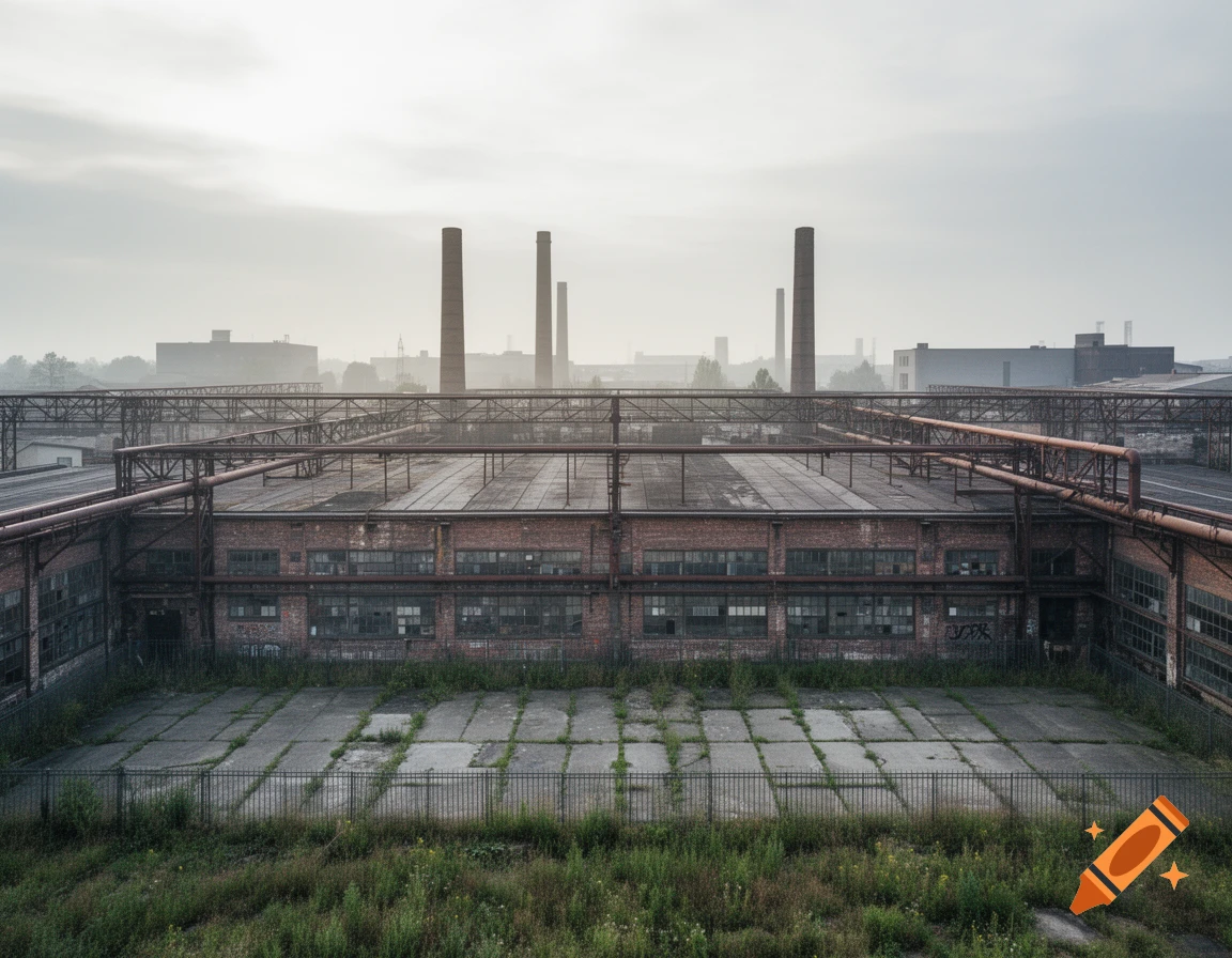 An aerial view of an old, abandoned industrial building with multiple tall smokestacks under a hazy sky, surrounded by overgrown grass.
