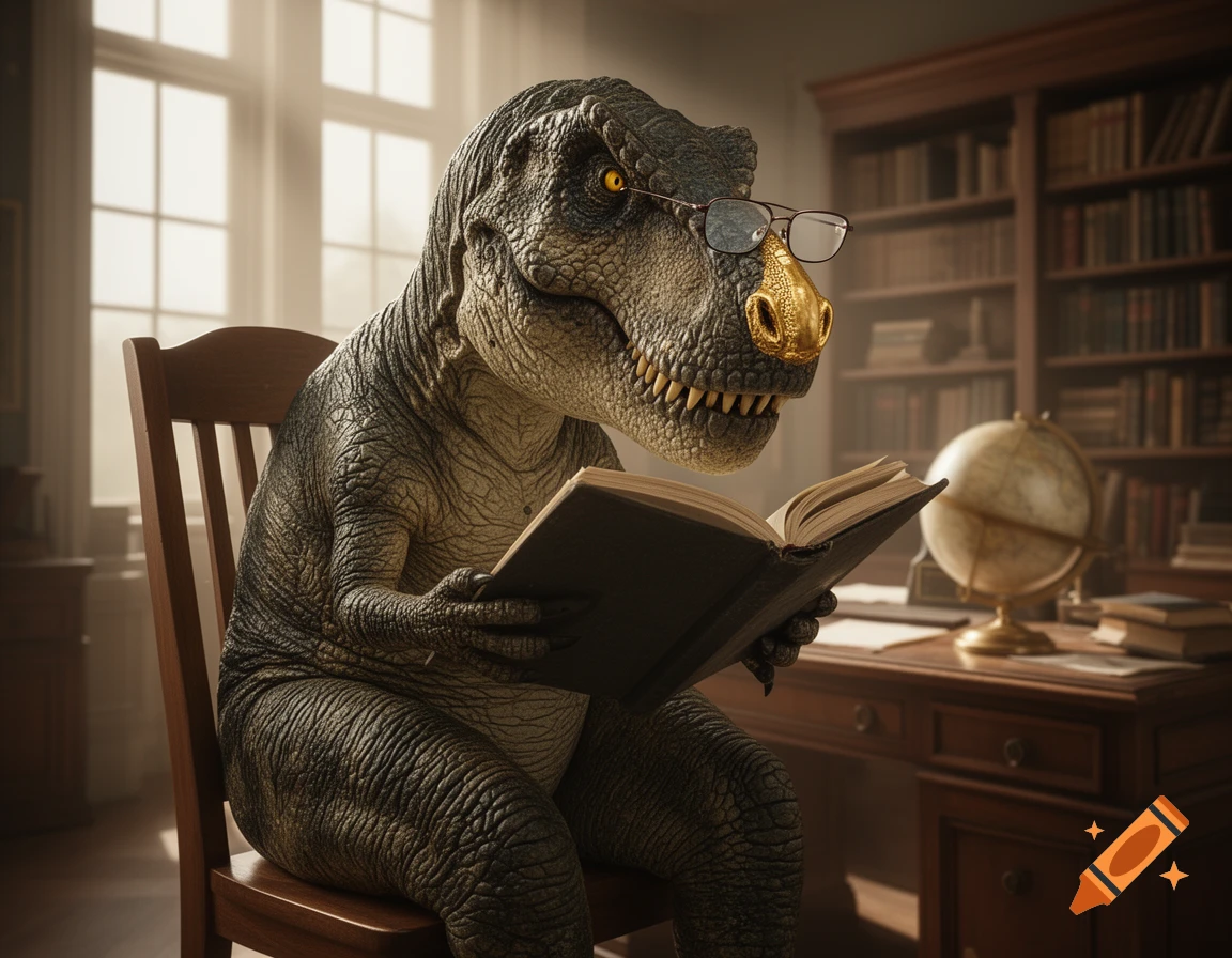 A photorealistic T-rex wearing reading glasses sits in a wooden chair, engrossed in a book inside a sunlit library.