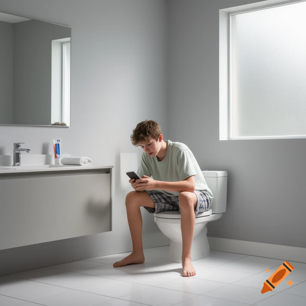 A photorealistic image of a teenage boy sitting on a toilet in a modern bathroom, looking at his smartphone.