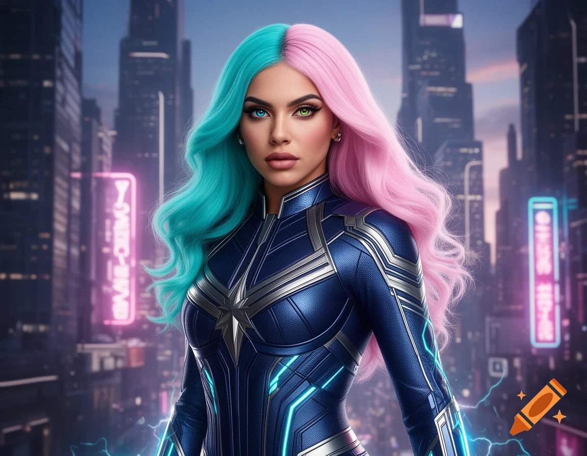 A woman with split teal and pink hair and heterochromia wears a dark blue futuristic superhero suit in a neon-lit cyberpunk city.