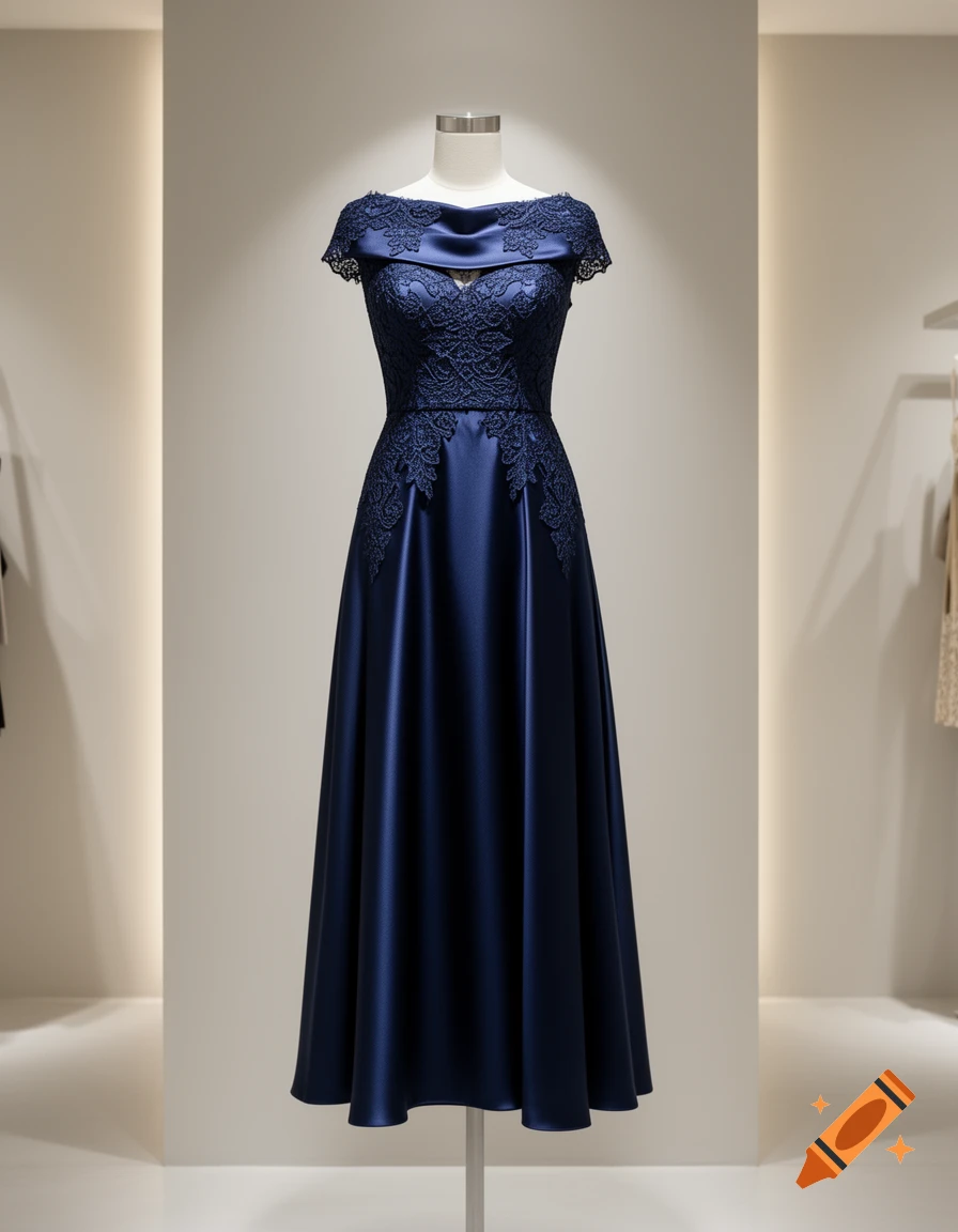 Dark blue off-shoulder dress with intricate lace detailing on a mannequin, set in a retail environment.