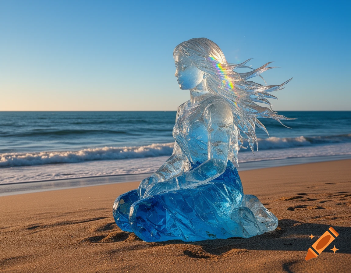 A photorealistic ice sculpture of a girl with flowing hair, made of clear and blue ice, sits on a sandy beach.