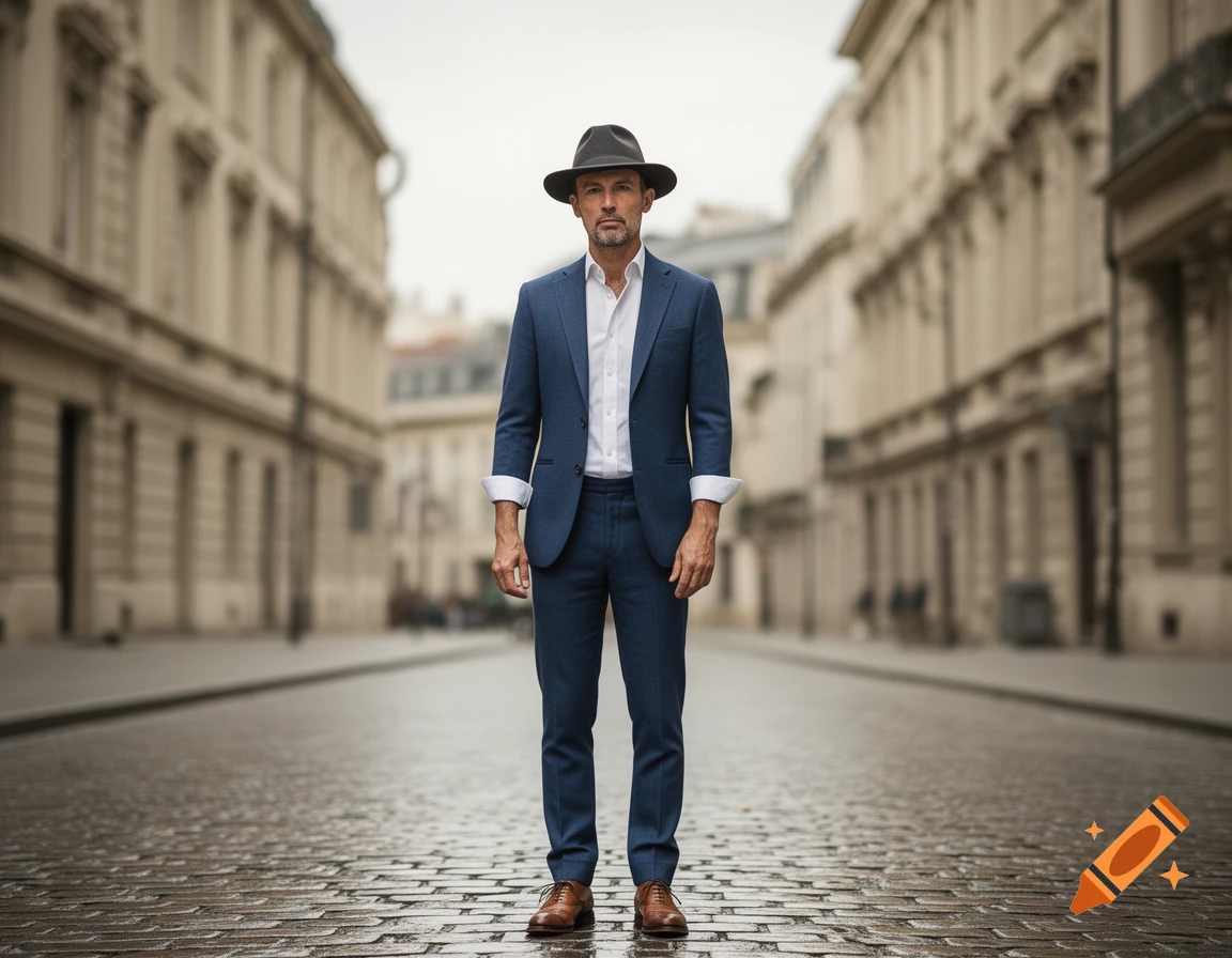 A man in a blue suit, white shirt, and dark fedora hat stands on a wet cobblestone street with blurred buildings.