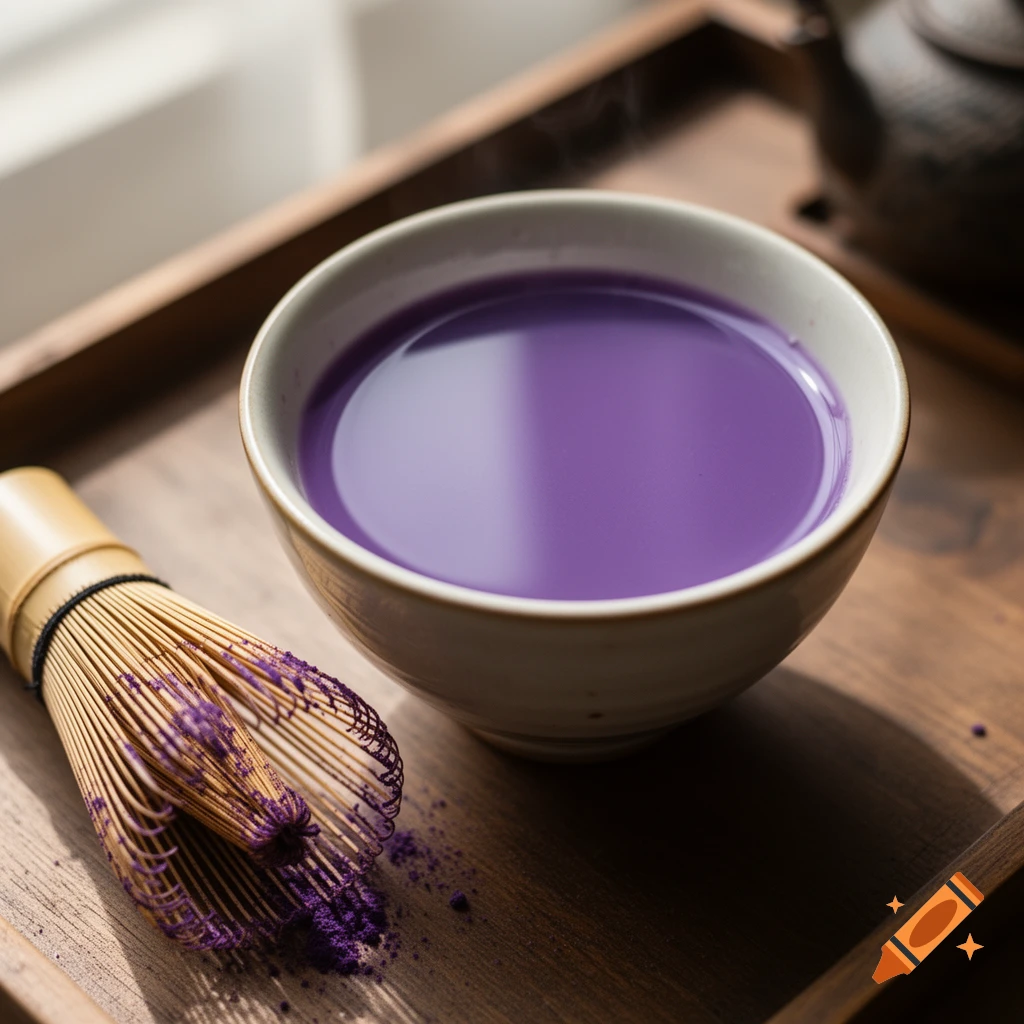 A cup of vibrant purple matcha tea and a bamboo whisk on a wooden tray with a teapot in the background, in natural light.
