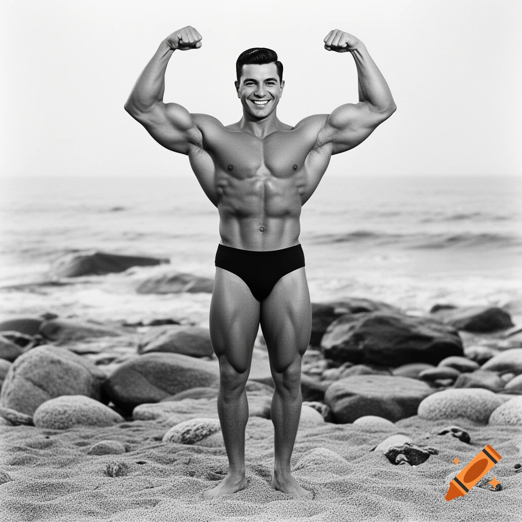 Muscular male bodybuilder in black briefs flexing his biceps on a rocky beach, smiling, in black and white.
