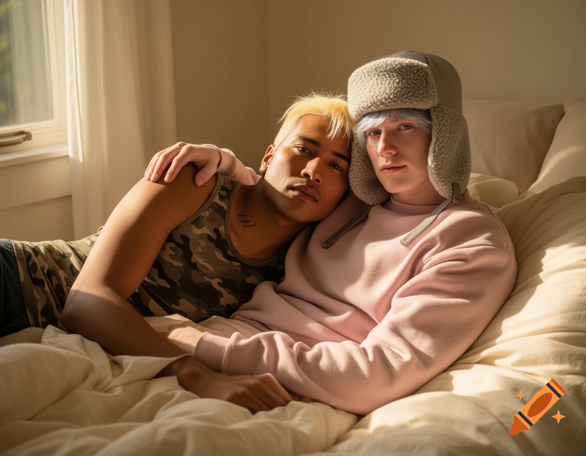 Two men, one with blonde hair in a camo tank top, the other with silver hair in an ushanka and pink sweatshirt, snuggle on a sunlit bed.