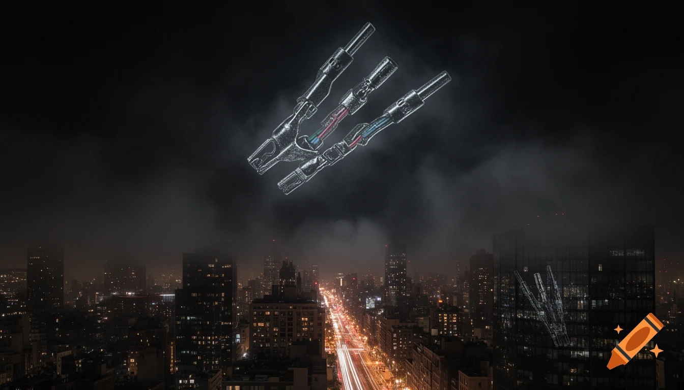 A dark city at night with long exposure light trails on a street, featuring three glowing, abstract, industrial symbols floating in the misty sky.