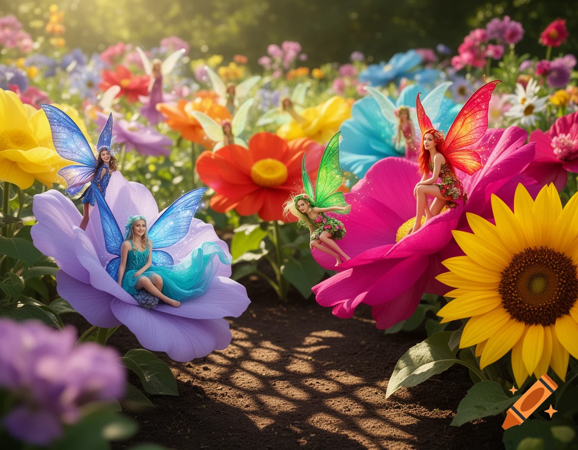 Fairies with colorful wings sitting on large, diverse flowers in a sunlit garden.