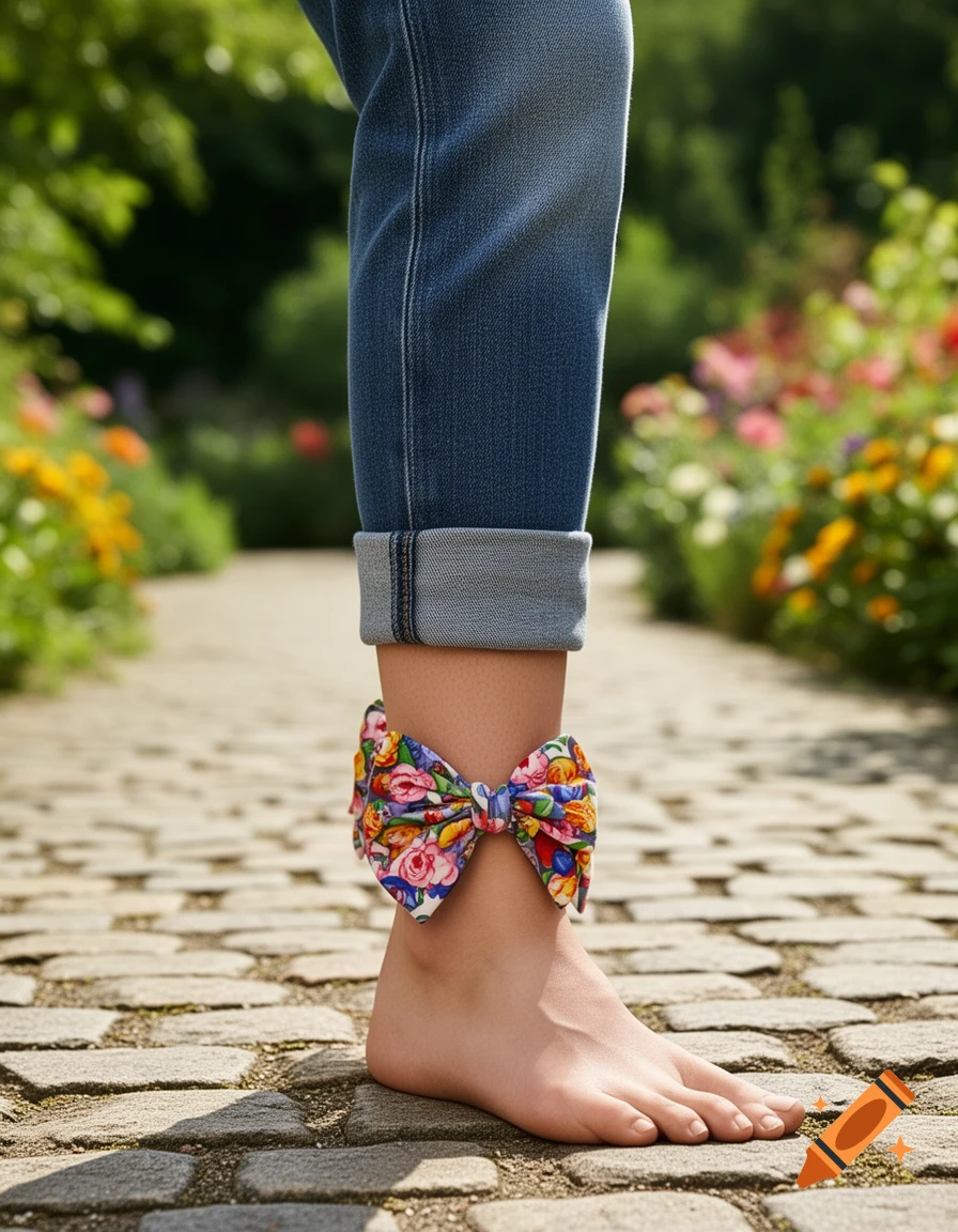 Bare foot with a floral bow on the ankle, cuffed jeans, standing on a cobblestone path in a sunny garden.