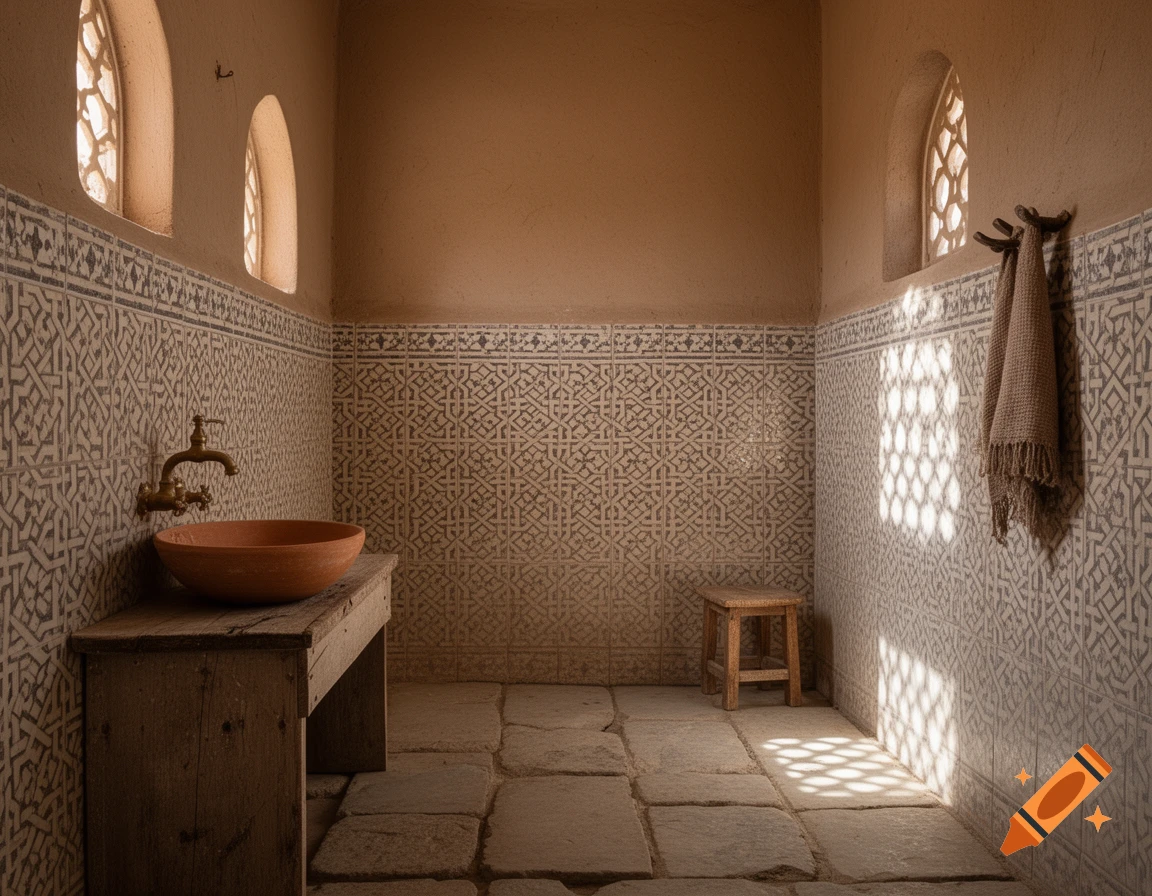 A rustic, Arab-style bathroom with patterned tiles, a terracotta bowl sink on a wooden vanity, and arch windows with light patterns.