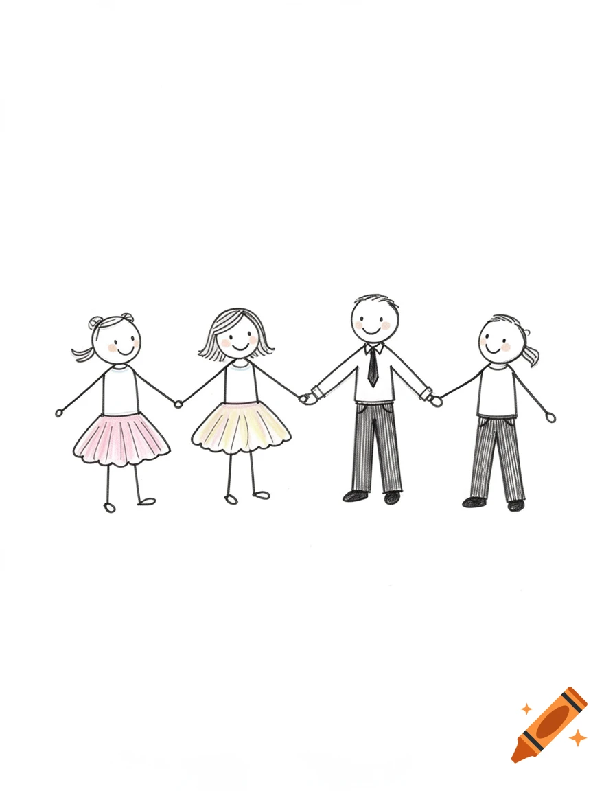 A minimalist stick figure drawing of two women in skirts and two men in pants, holding hands, on a white background.