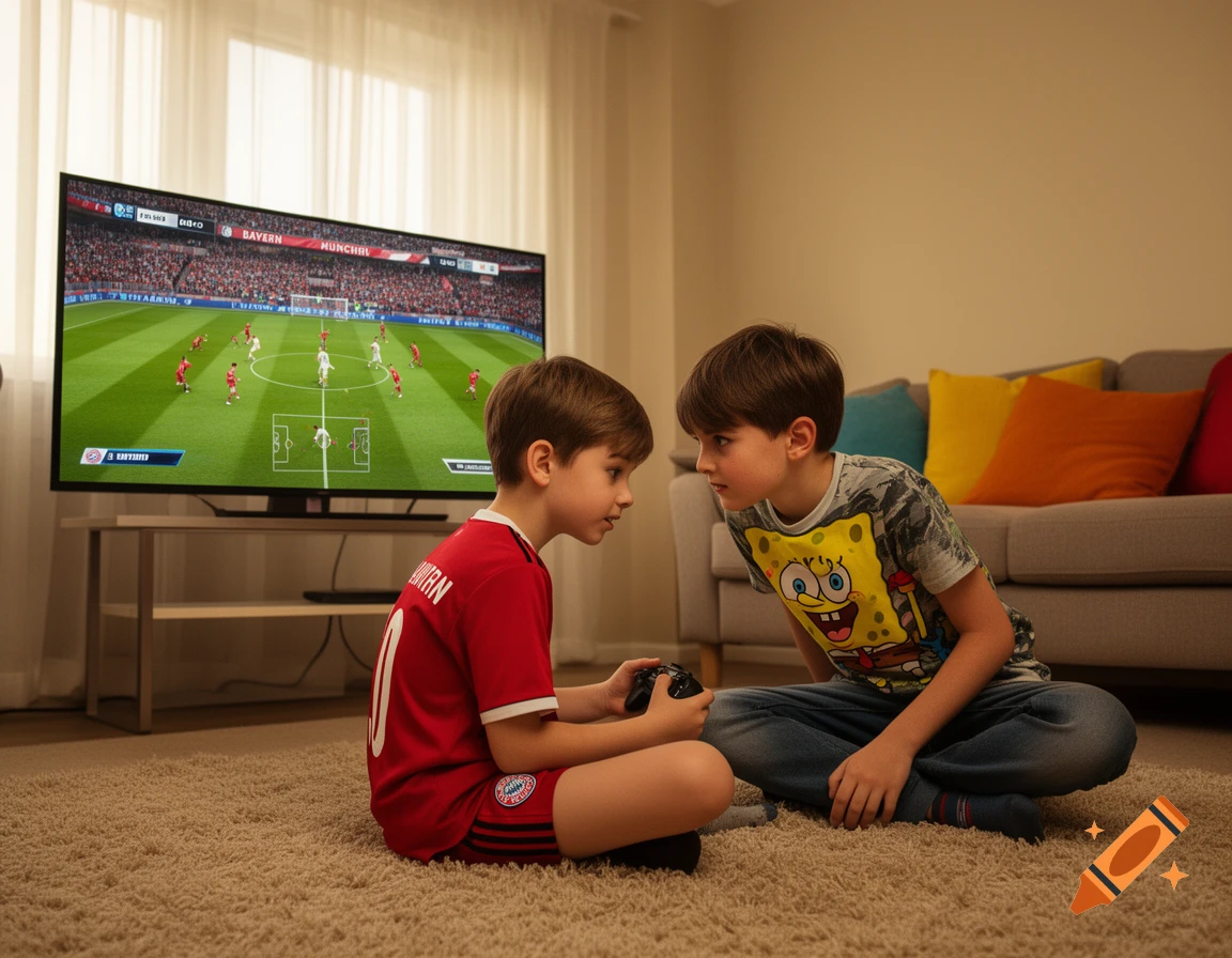 Two young boys on a carpet, one in a red Bayern Munich jersey holding a controller, the other in a Spongebob shirt, intently watching a soccer video game on a large TV.