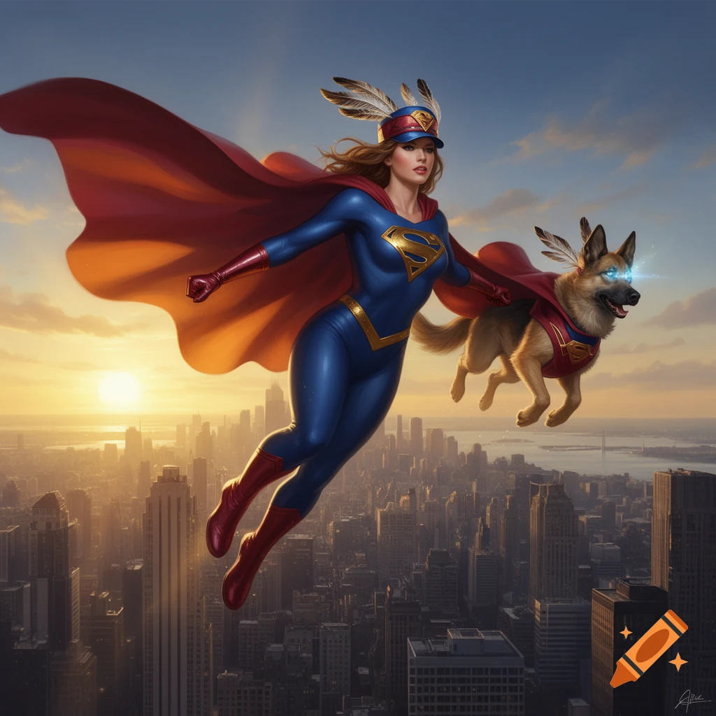 A female superhero in a blue suit with an S-logo and her German Shepherd dog, both wearing capes, fly over a city at sunset.