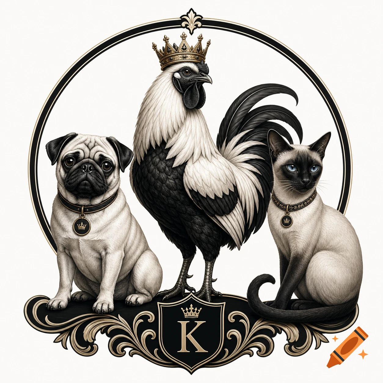 Stylized logo of a crowned black and white rooster flanked by a pug and a Siamese cat in an ornate gold and black frame with a K.