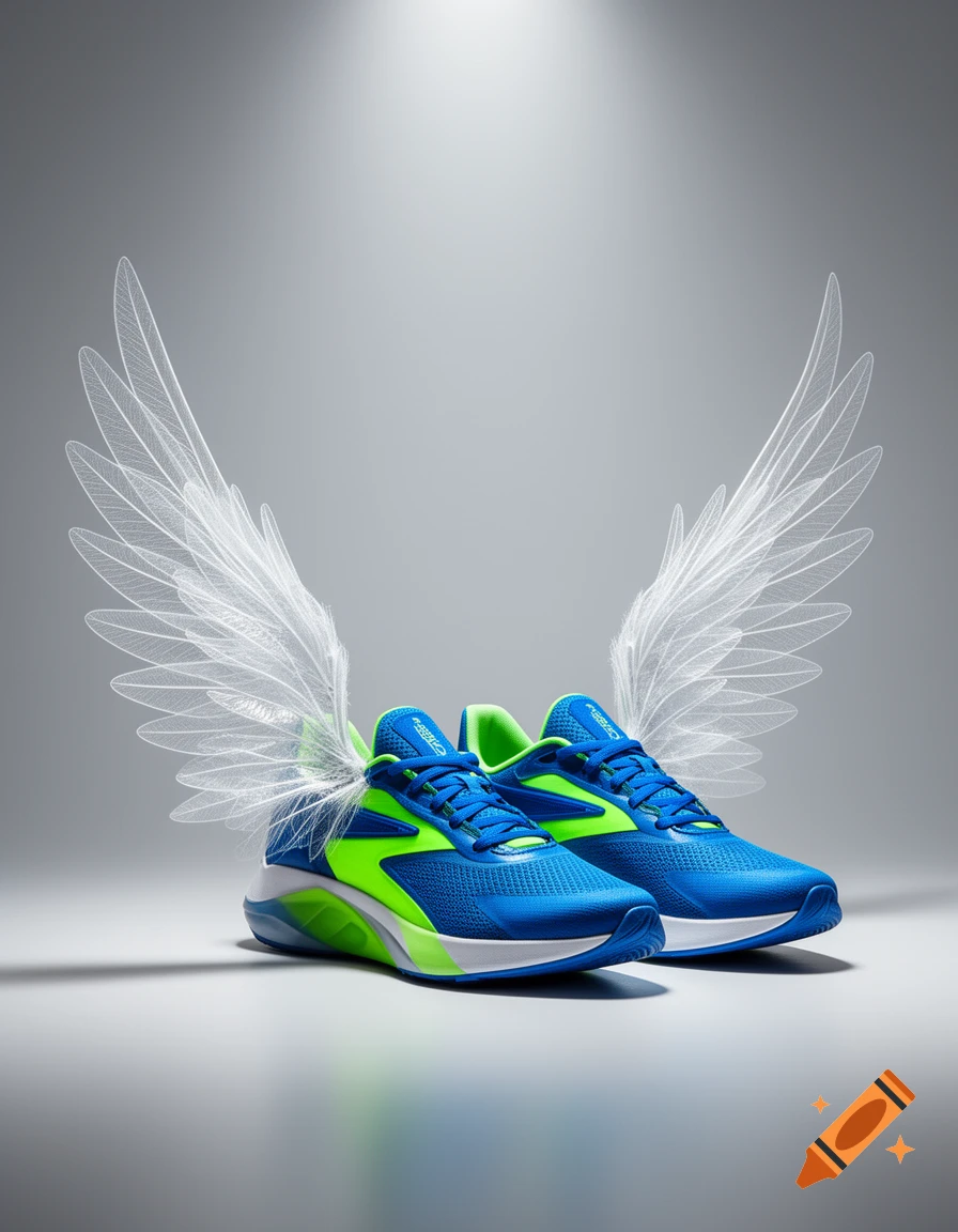A pair of blue and lime green sports shoes with translucent white wings on a white gradient background.