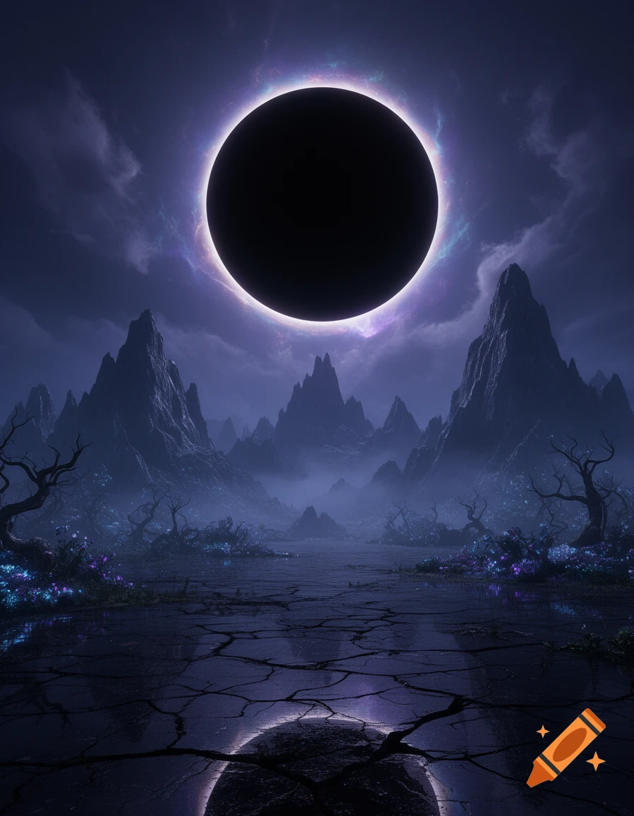A dark, mystical landscape features jagged mountains, glowing flora, and a black sun with a vibrant purple corona reflected in cracked ground.