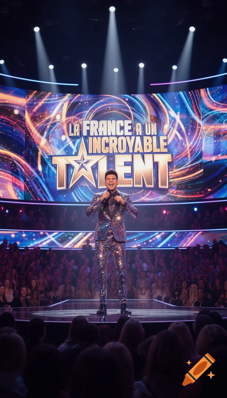 A man in a dazzling glittery suit performs on a brightly lit stage in front of a large screen displaying "LA FRANCE A UN INCROYABLE TALENT" to an audience.